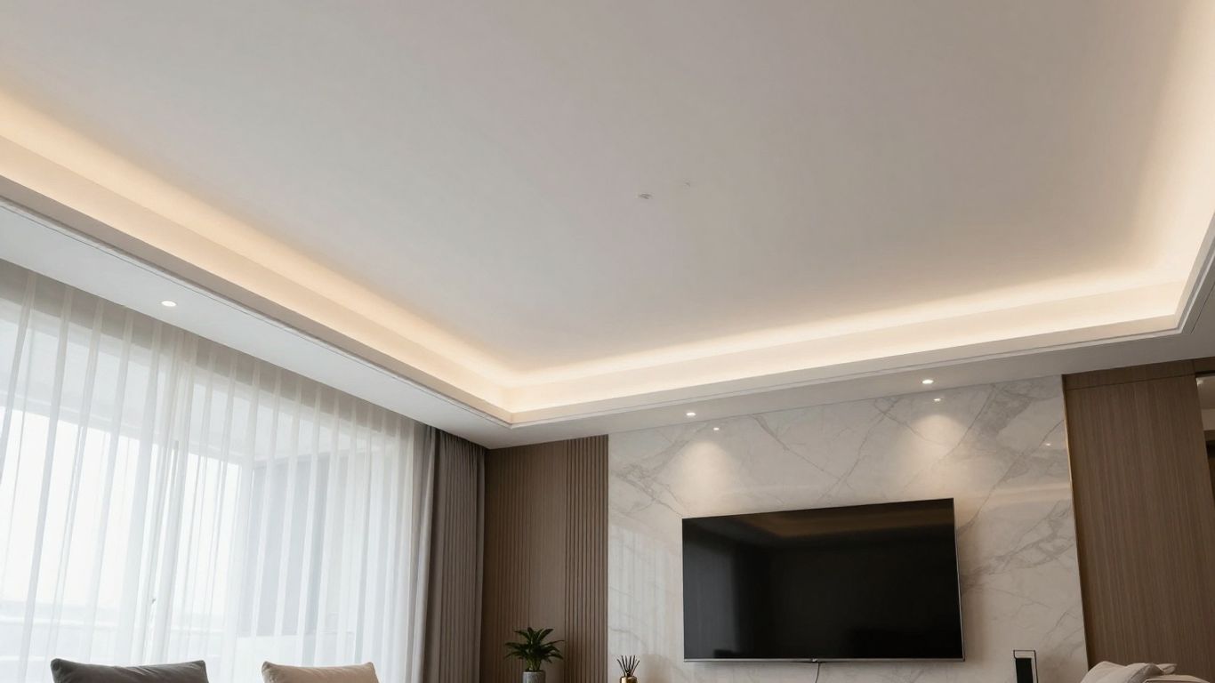 Modern Thai living room with a seamless white stretch ceiling.