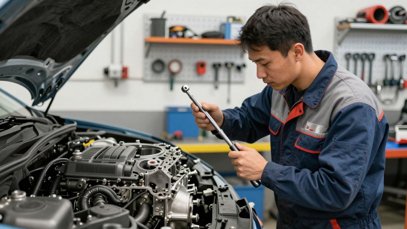 Mechanic inspecting dismantled car engine