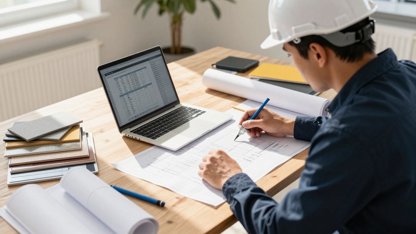 Contractor reviewing fencing project estimate on laptop.