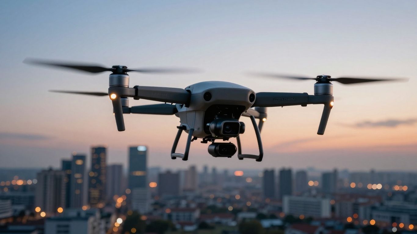 Drone flying over city skyline at dusk.