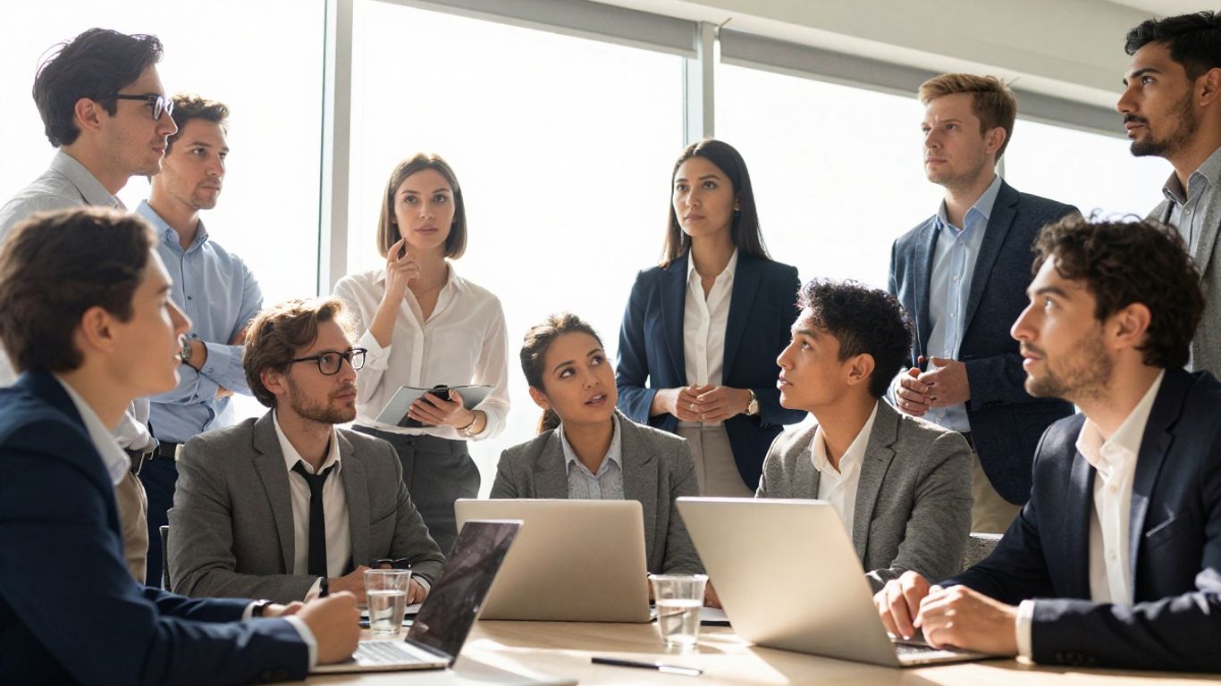 Business professionals collaborating in a bright, modern office.