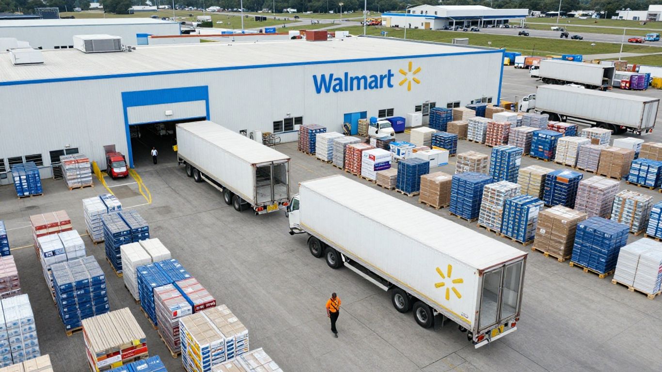 Walmart distribution center with trucks and workers.