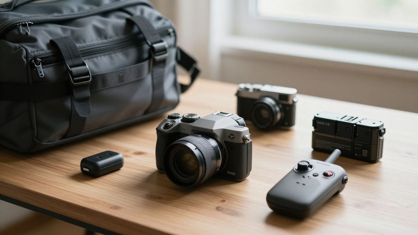 Folded camera drone beside travel gear