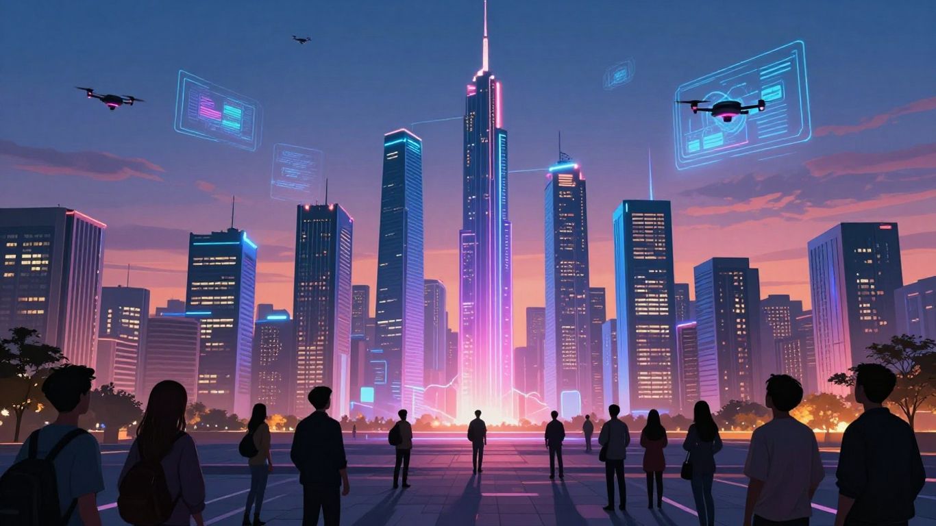 Ville futuriste avec flux numériques et gratte-ciel illuminés.