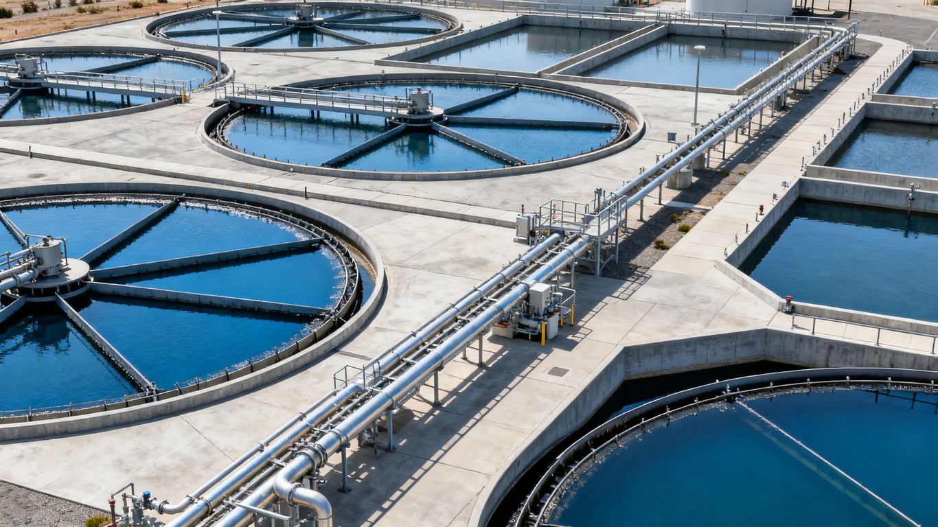 Aerial view of treatment tanks and clarifiers