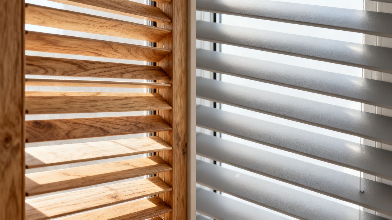 Wood and composite plantation shutters side-by-side.