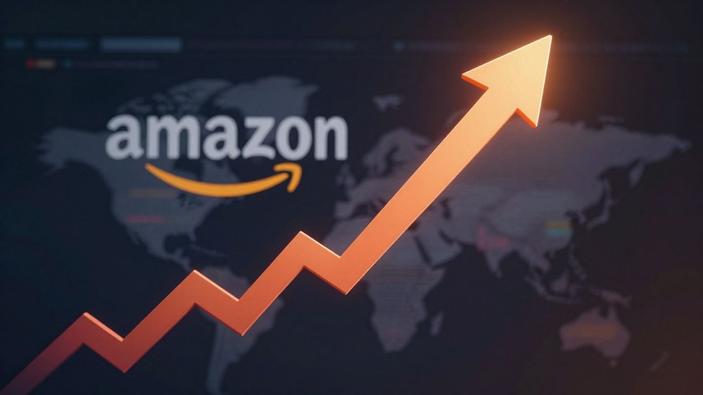 Amazon advertising growth with upward arrows and expanding market reach.
