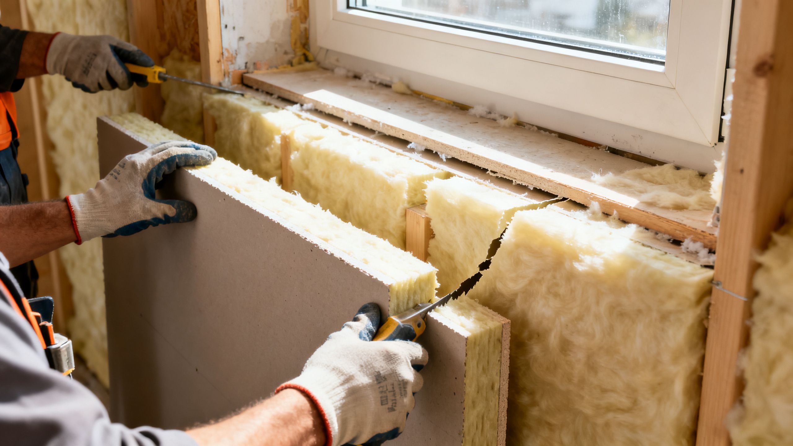 Insulation boards being carefully cut and fitted into a window reveal to ensure thermal continuity and eliminate cold spots