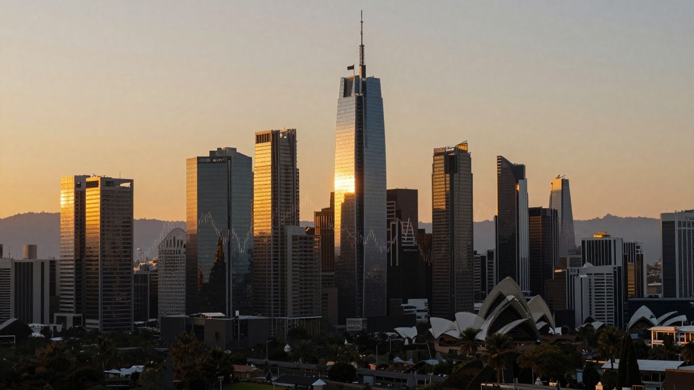 Australian city skyline with rising sun and financial growth patterns.