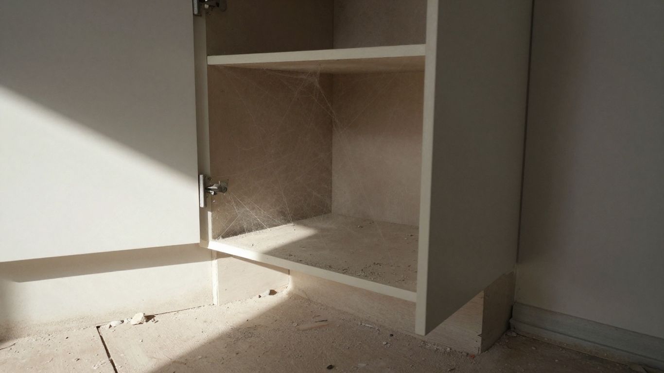 Dusty corner behind new kitchen cabinets after construction.