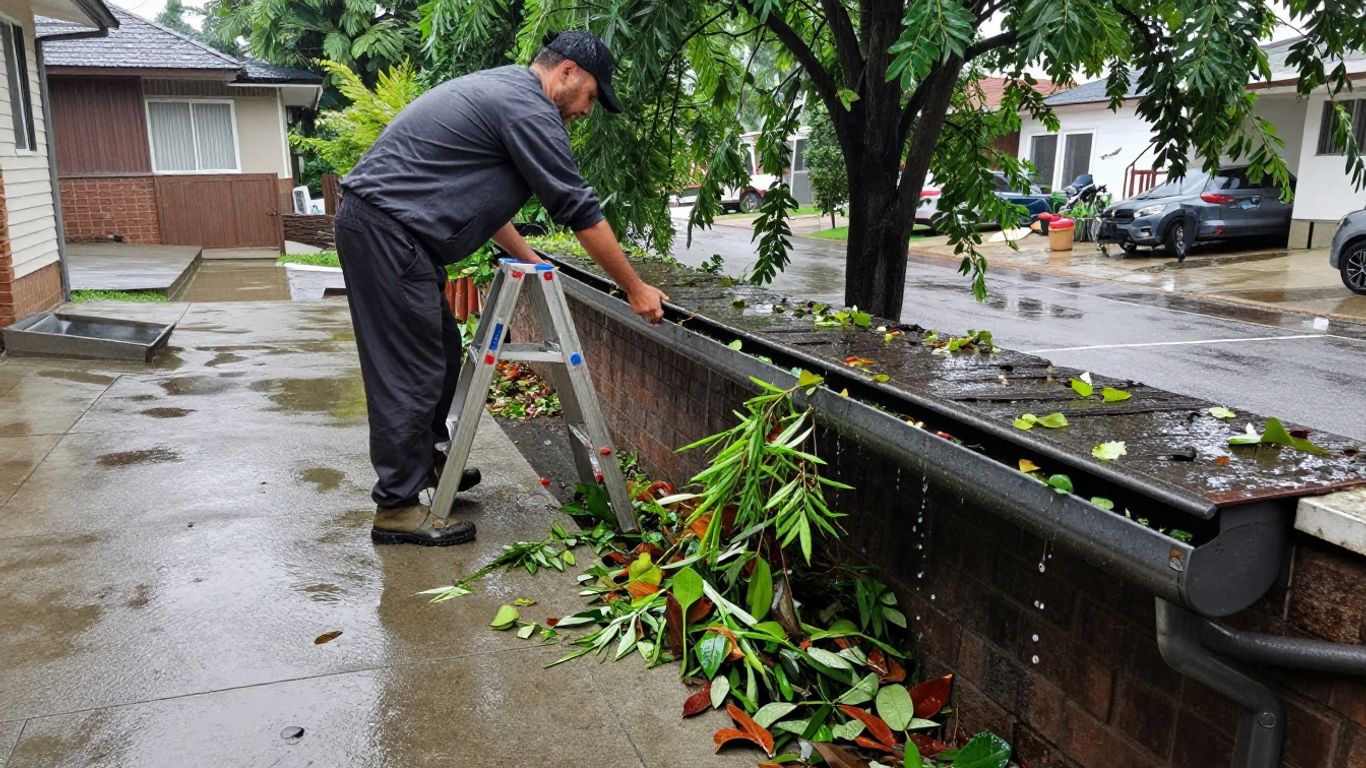 Homeowner cleaning clogged rain gutters during a rainy day.