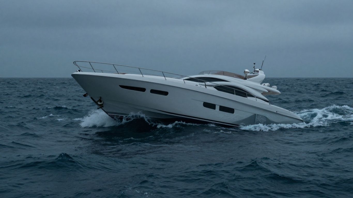 Luxury yacht sinking in rough ocean waters.