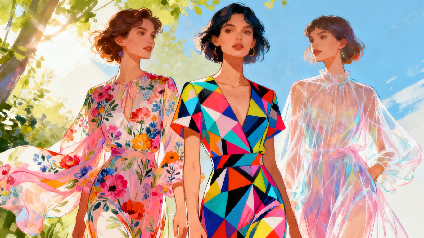 Spring/Summer 2026 fashion trends: florals, geometrics, pastels, brights.