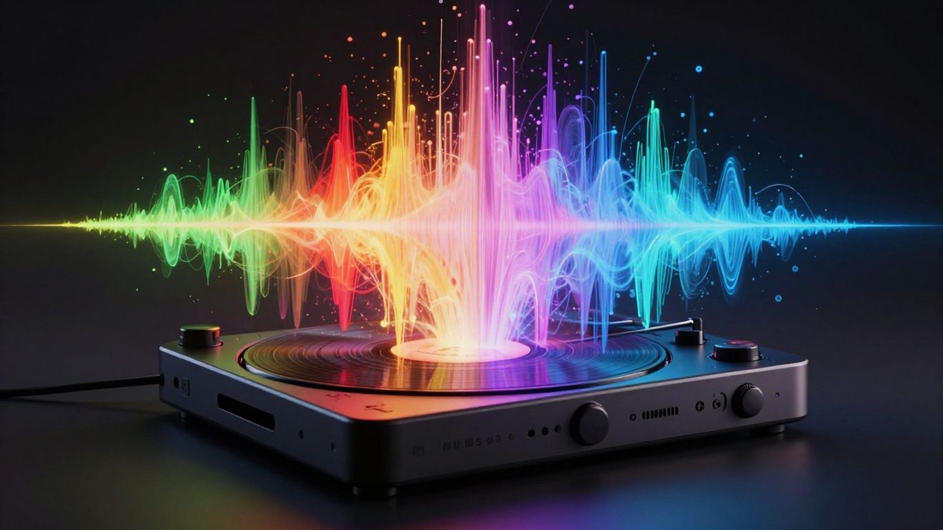 Abstract sound waves and digital particles from music player.