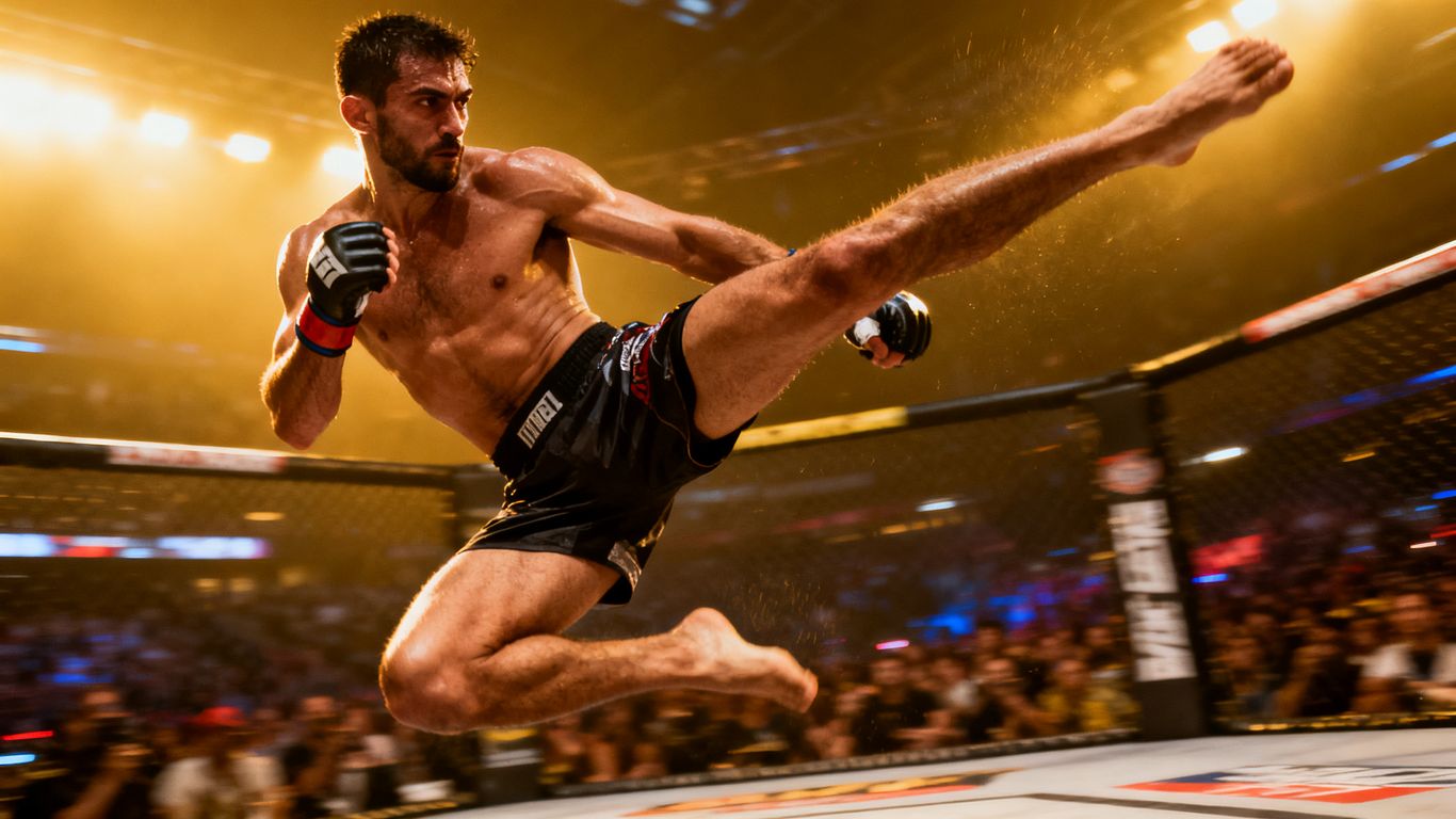 MMA fighter performing a spinning kick in a stadium.