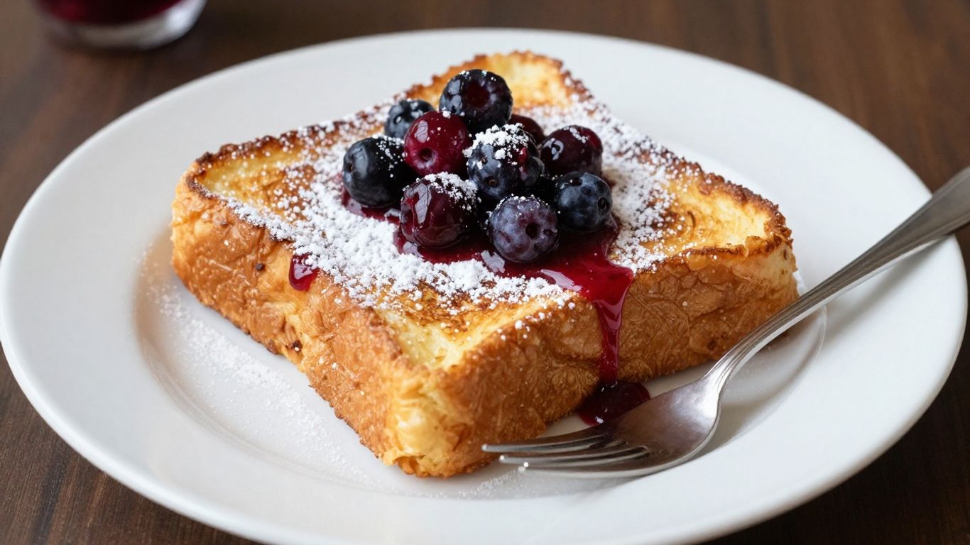 Golden French toast with berries and syrup.
