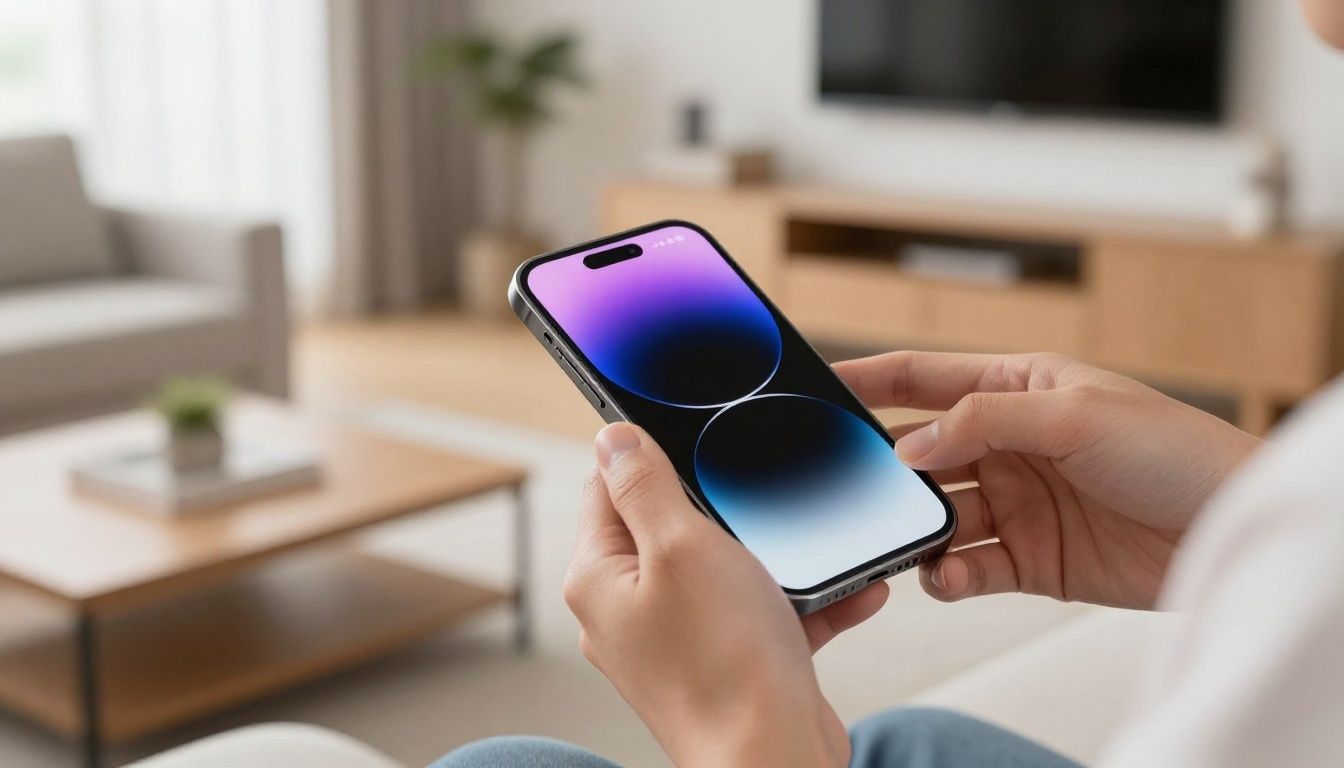 A person carefully putting a new, simple case on their iPhone 14 Pro Max in a well-lit, modern living room