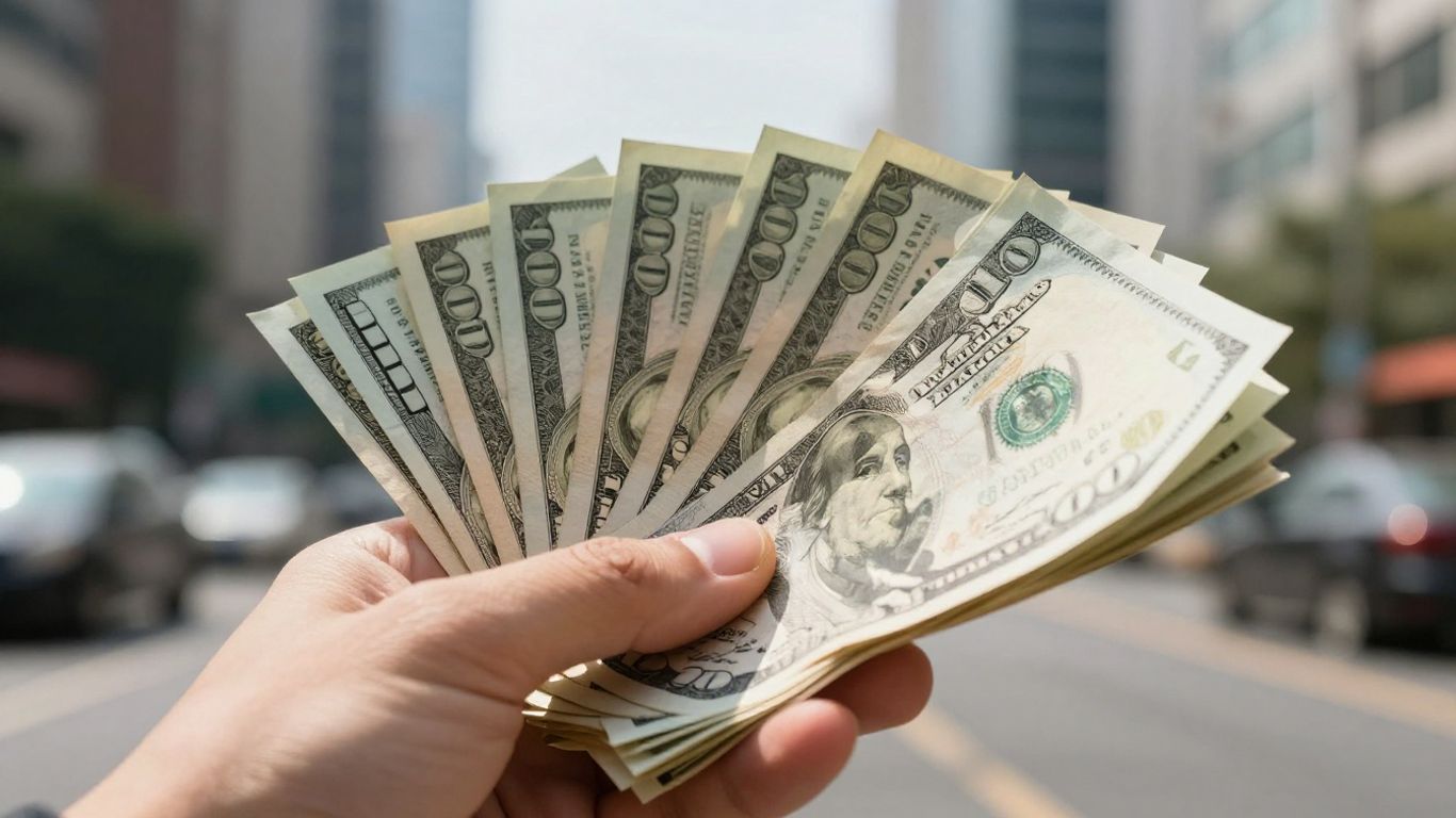 Hand holding money with financial district background.