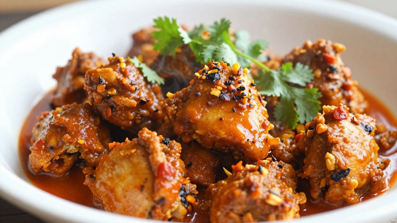 Spicy Indian chicken curry with cilantro and chili flakes.
