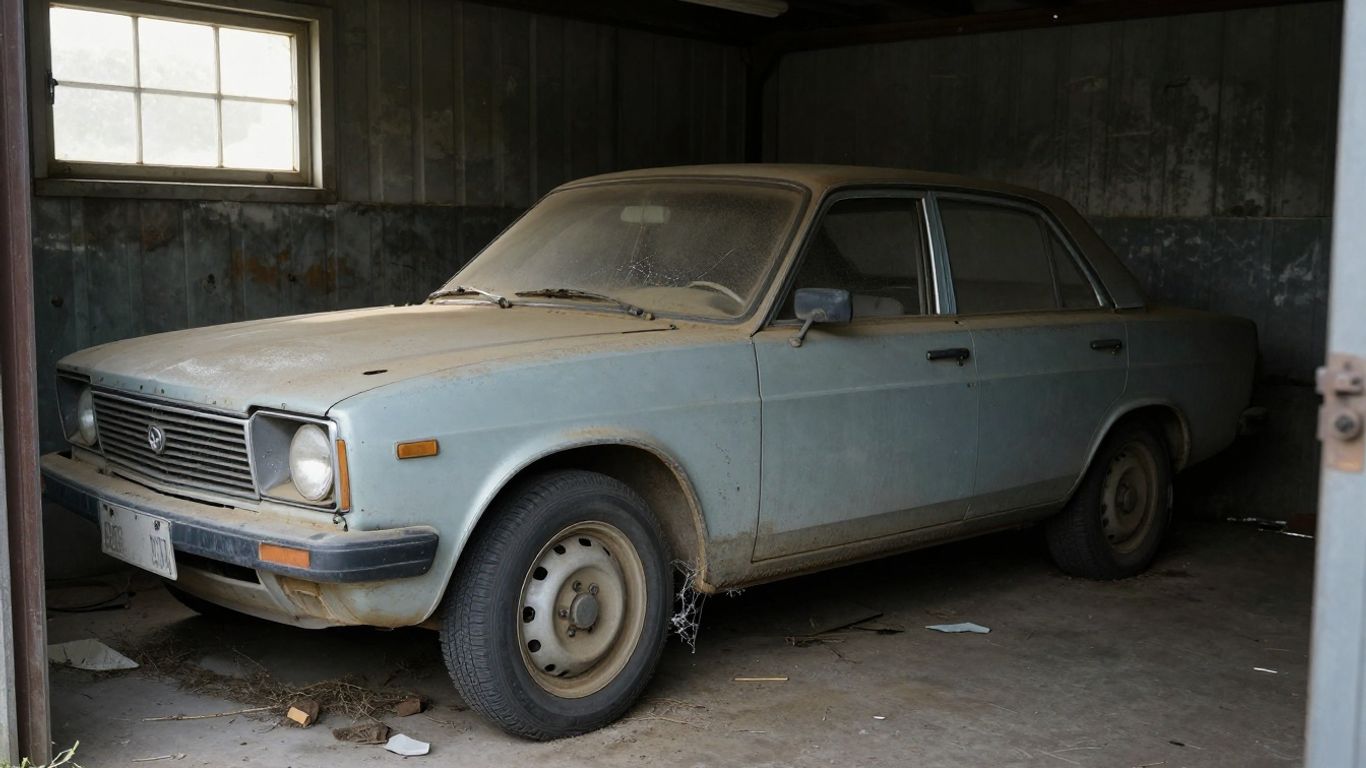 Dusty car sitting idle in a garage, unused.