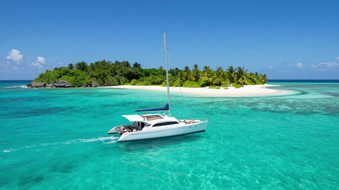 Luxury catamaran sailing in clear turquoise waters near St. Thomas.