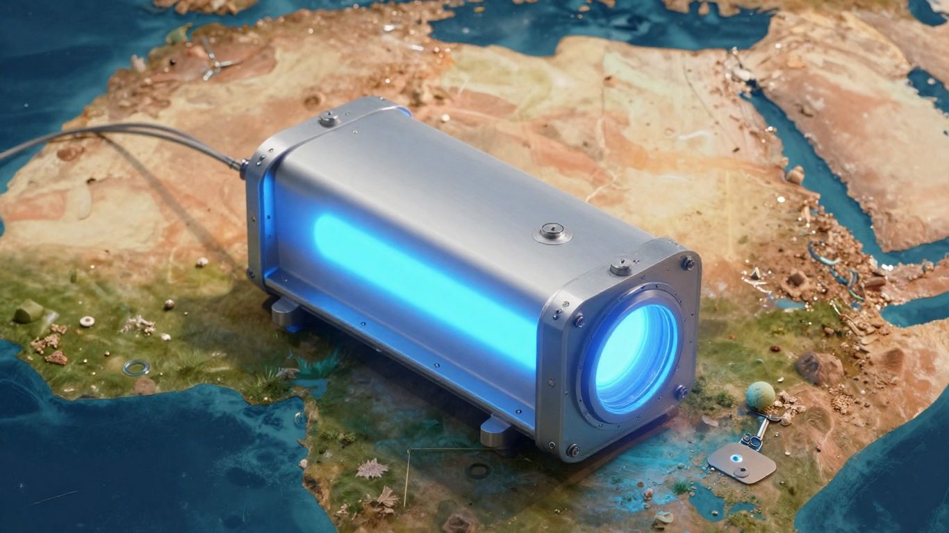 Mini-réacteur nucléaire futuriste sur fond de continent africain.