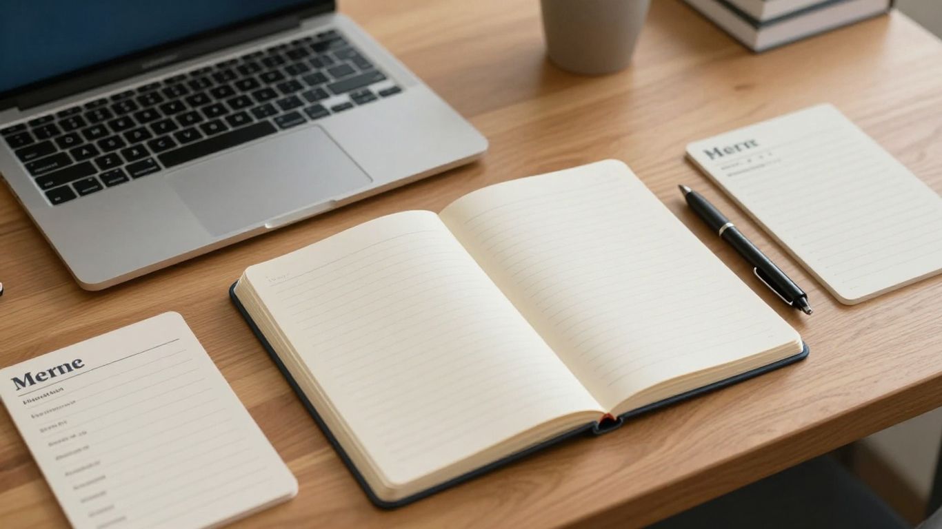 SEO planning notes beside a laptop and desk