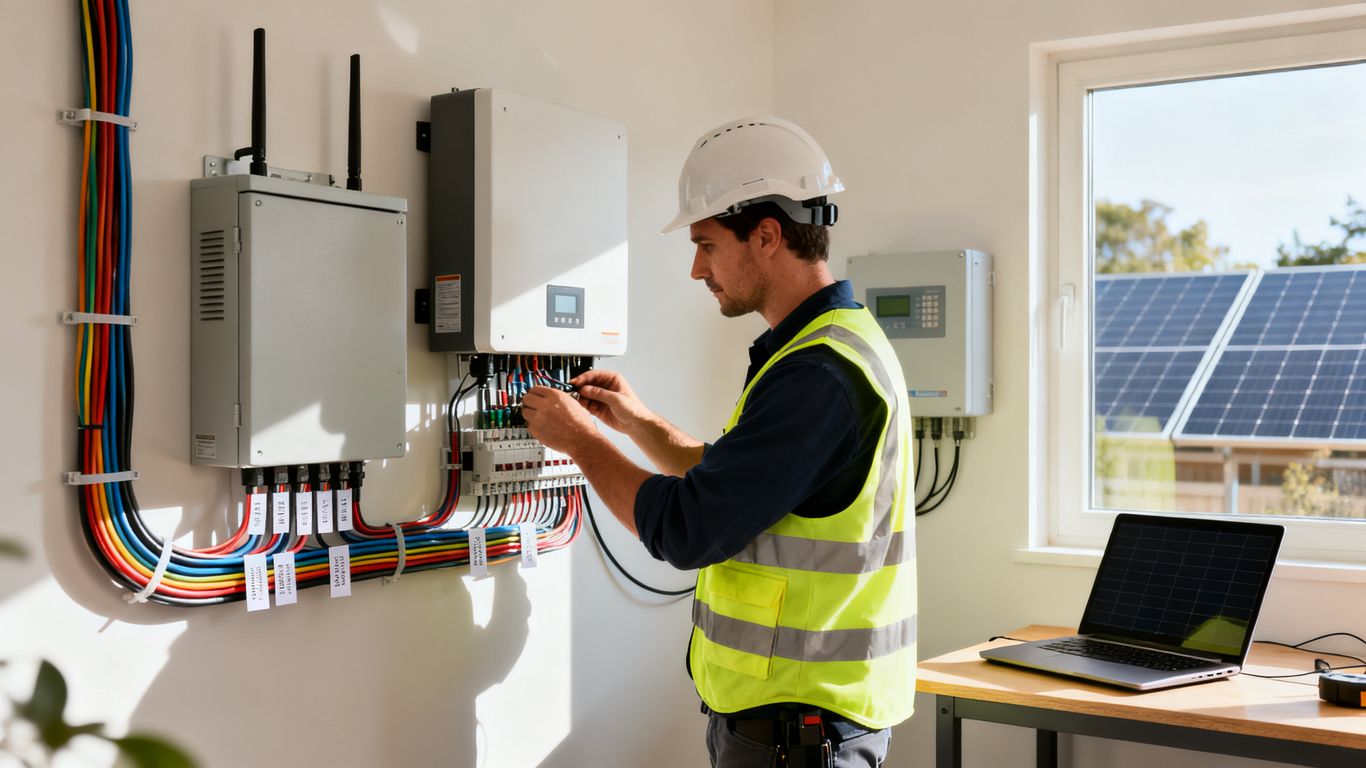Technicien configurant une installation photovoltaïque résidentielle
