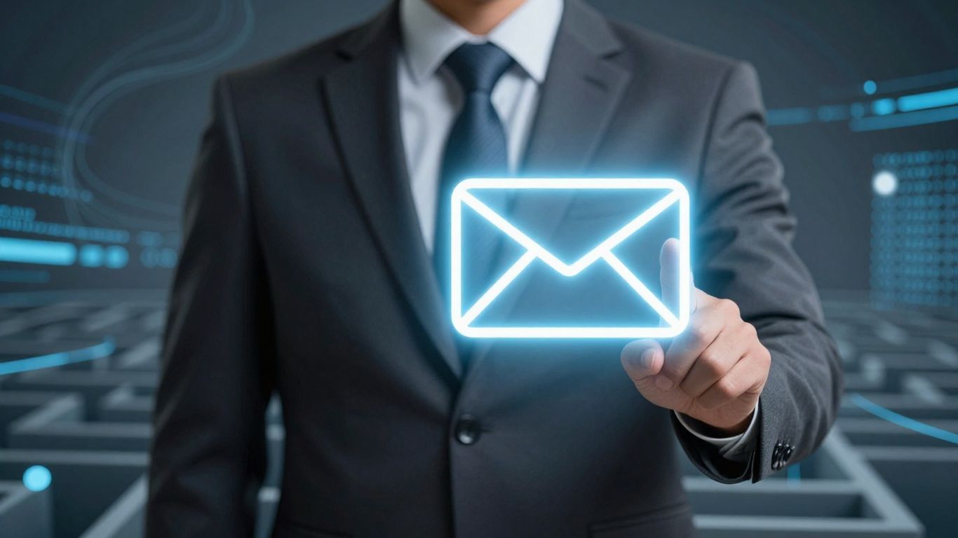 Professional navigating a maze with an email icon.
