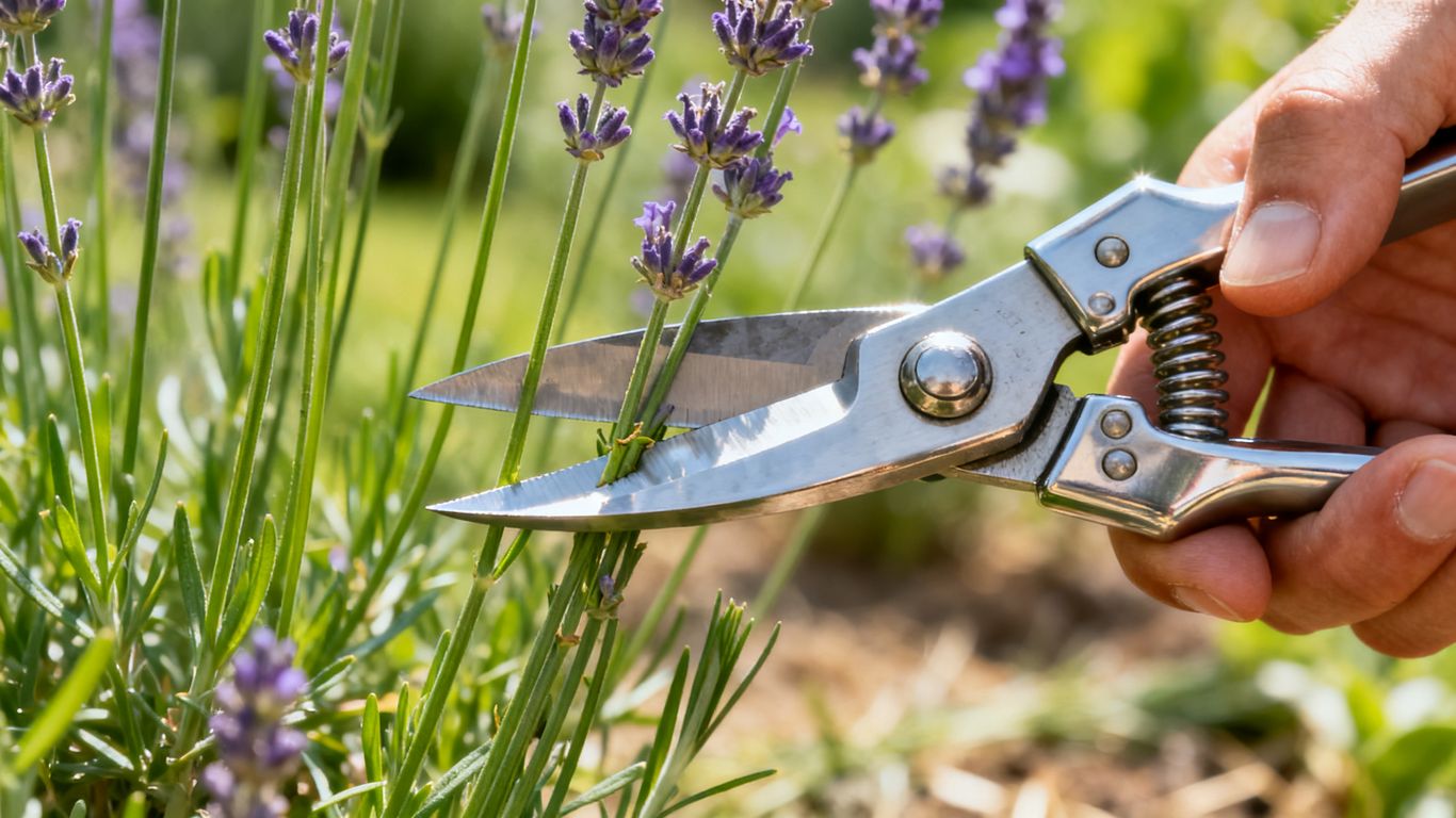 Gärtner schneidet Lavendel mit einer scharfen Schere