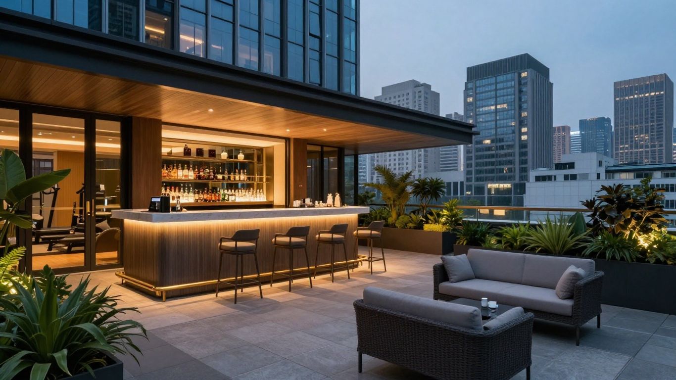 Hotel rooftop and welcoming guest amenities