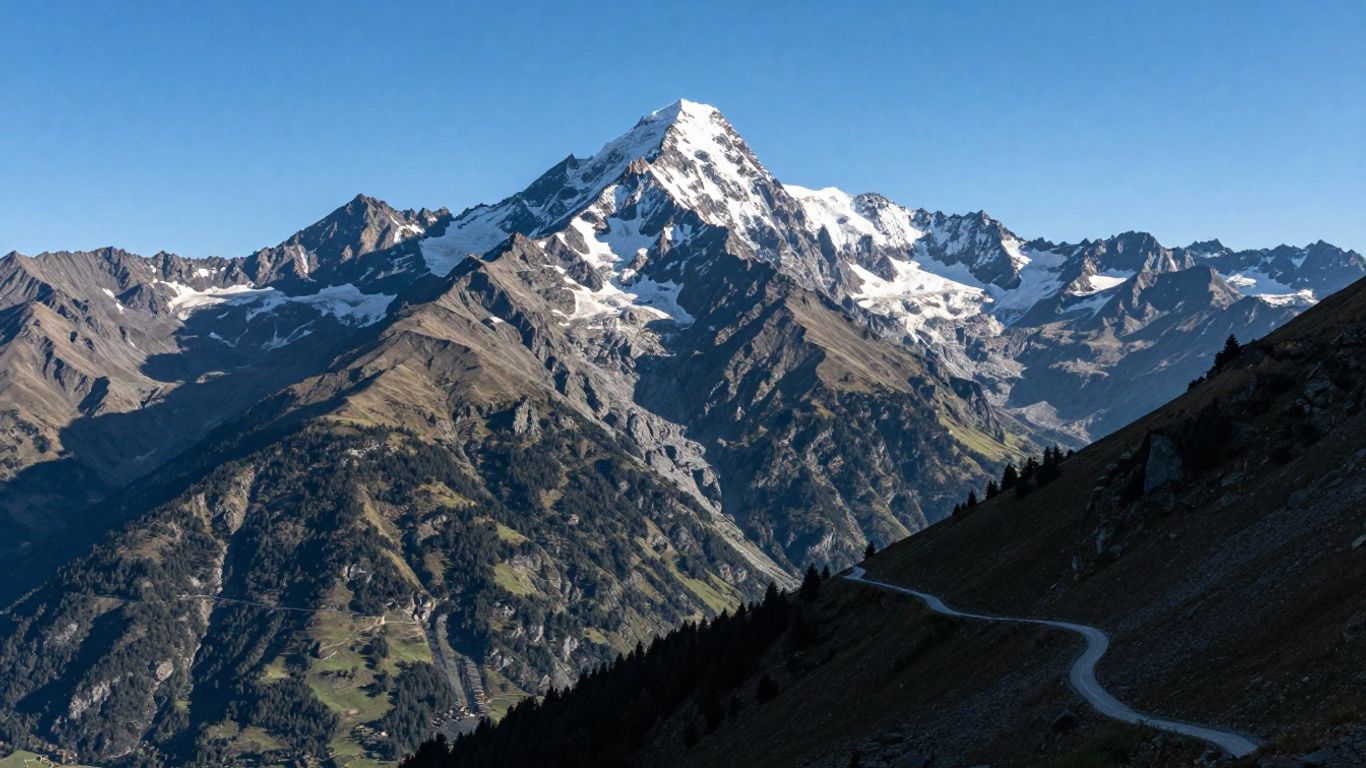 Berglandschaft mit Wanderweg und schneebedeckten Gipfeln