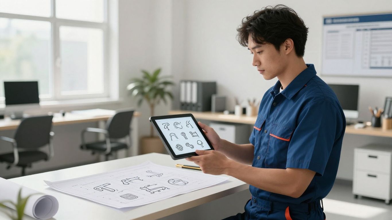 Plumber using software on a tablet with plumbing icons.