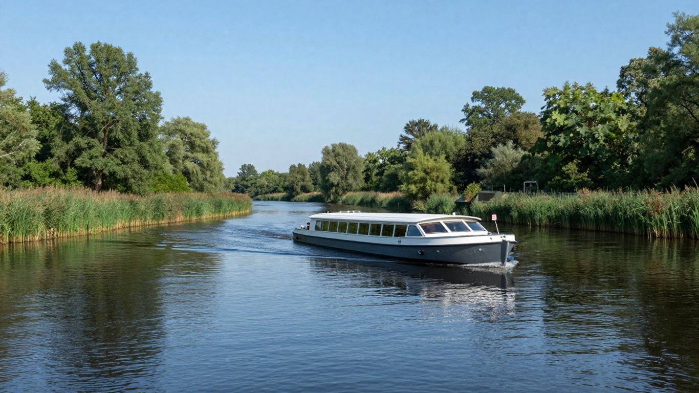 Boot vaart op water in de Biesbosch met groen landschap.