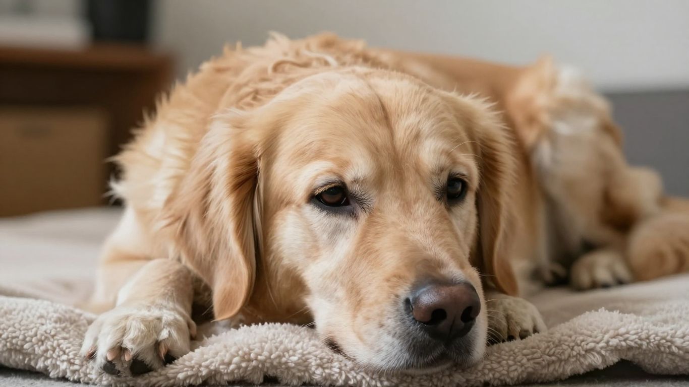 Senior dog resting peacefully on a soft blanket.