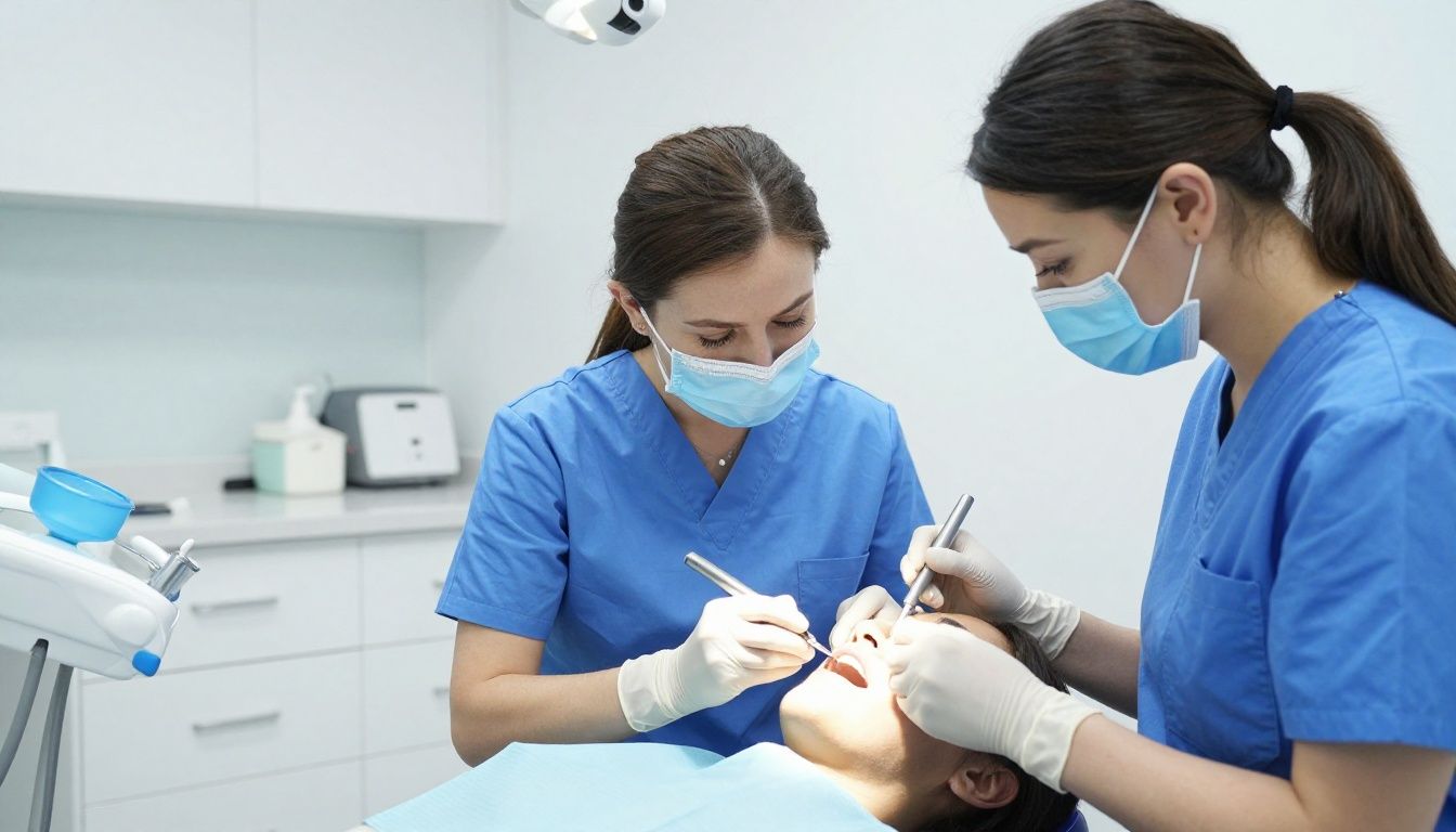 A dentist and dental assistant performing a routine check-up on a patient in a modern, clean dental office.
