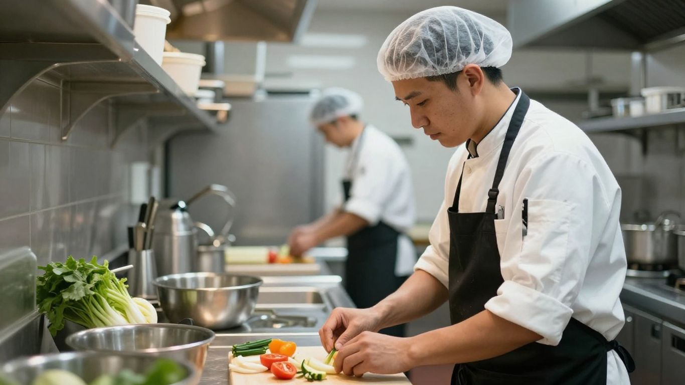 Employé en cuisine portant une tenue réglementaire propre