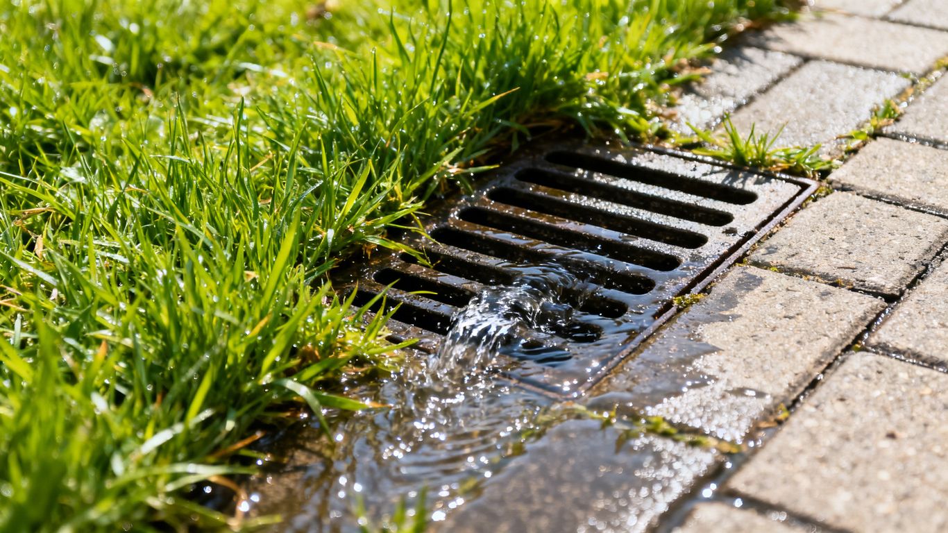 Clear drain with water flowing away, surrounded by green grass.