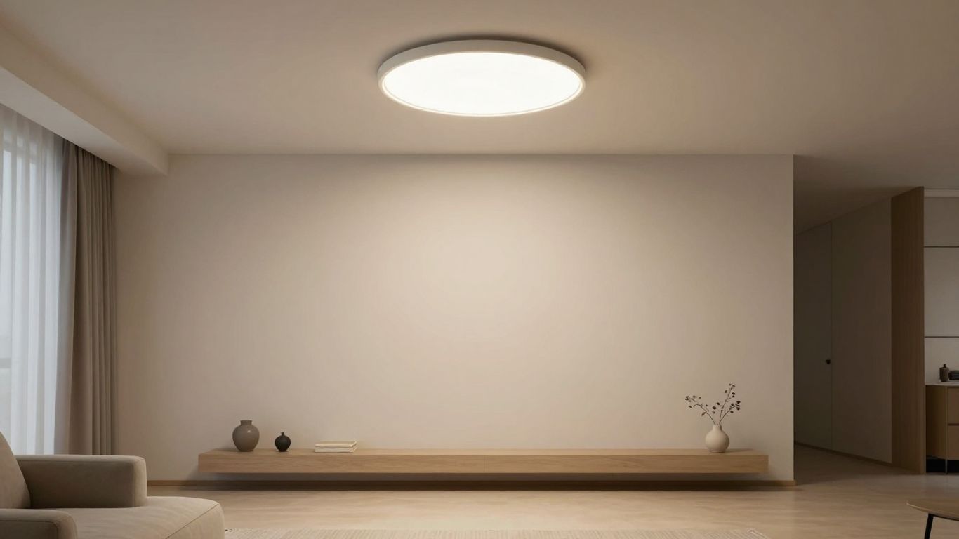 Modern living room with a bright flush mount ceiling light.
