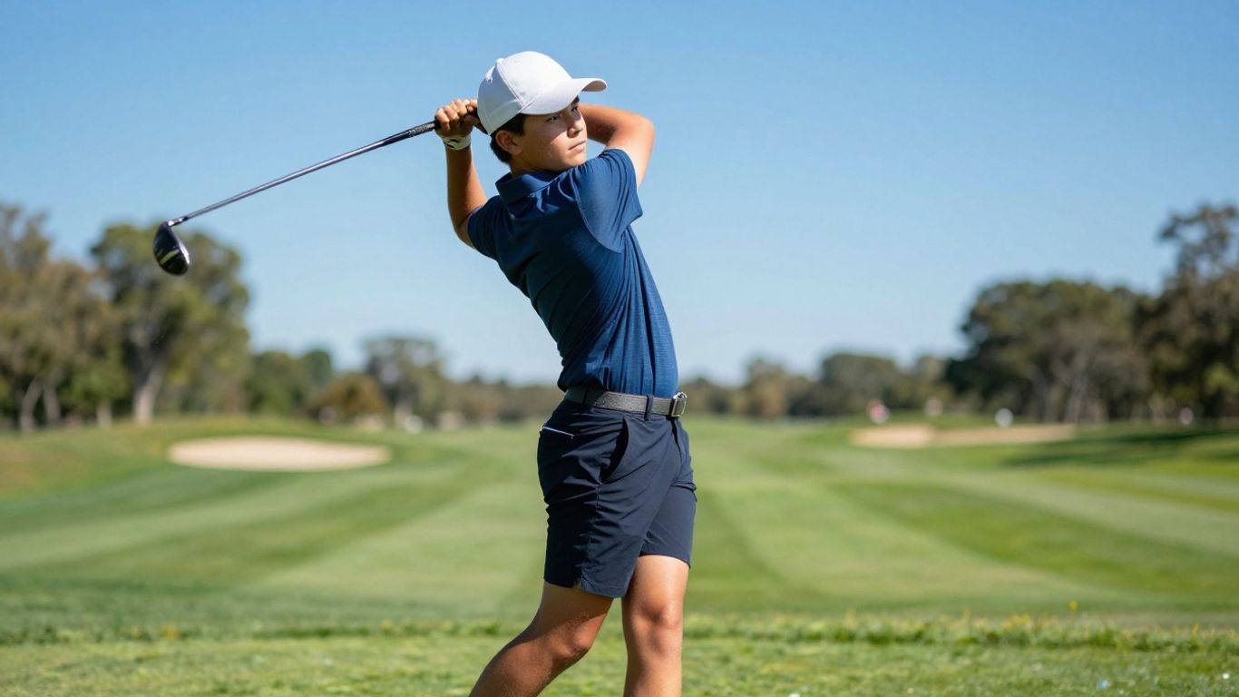 Junior golfer swinging on a sunny golf course.