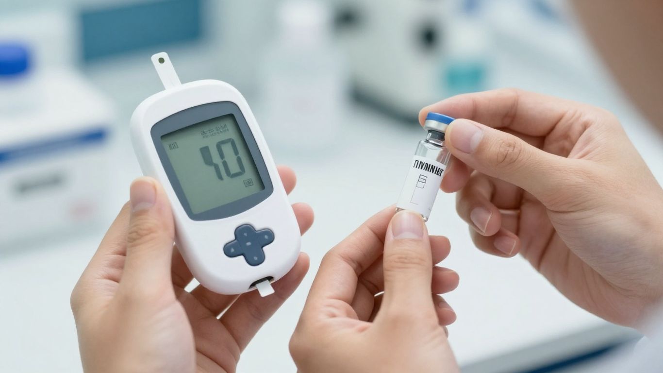 Blood glucose meter and insulin vial for diabetes monitoring.