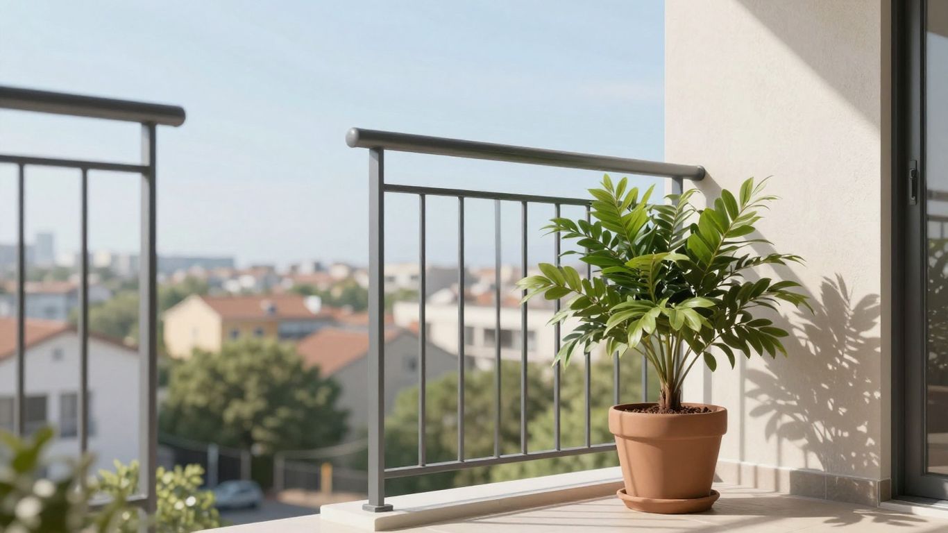 Stabiles Balkongeländer mit Pflanze und Stadtblick