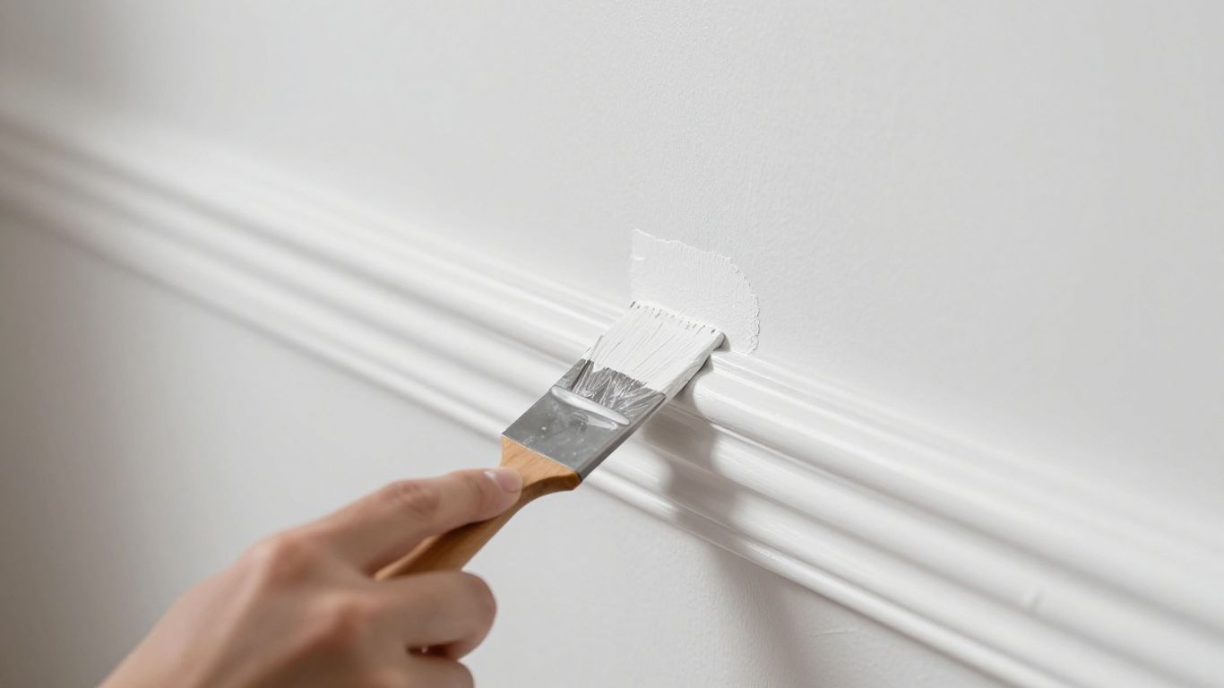 Painter applying white paint to trim and baseboard.
