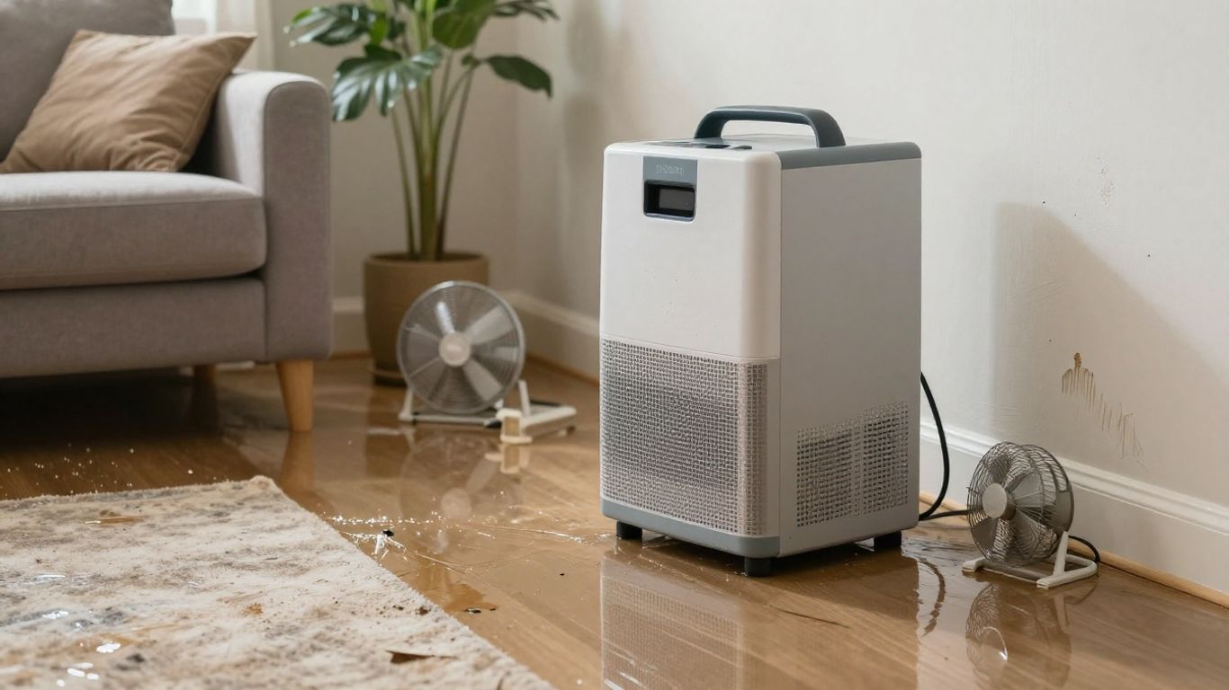 Wet carpet in a flooded room with drying equipment.