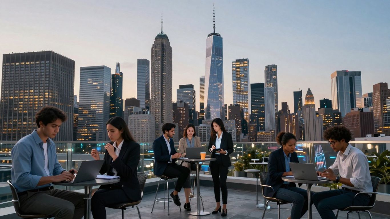 New York City skyline with diverse interns working.