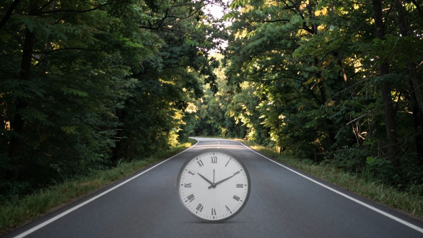 Winding road with a clock face, symbolizing campaign duration.