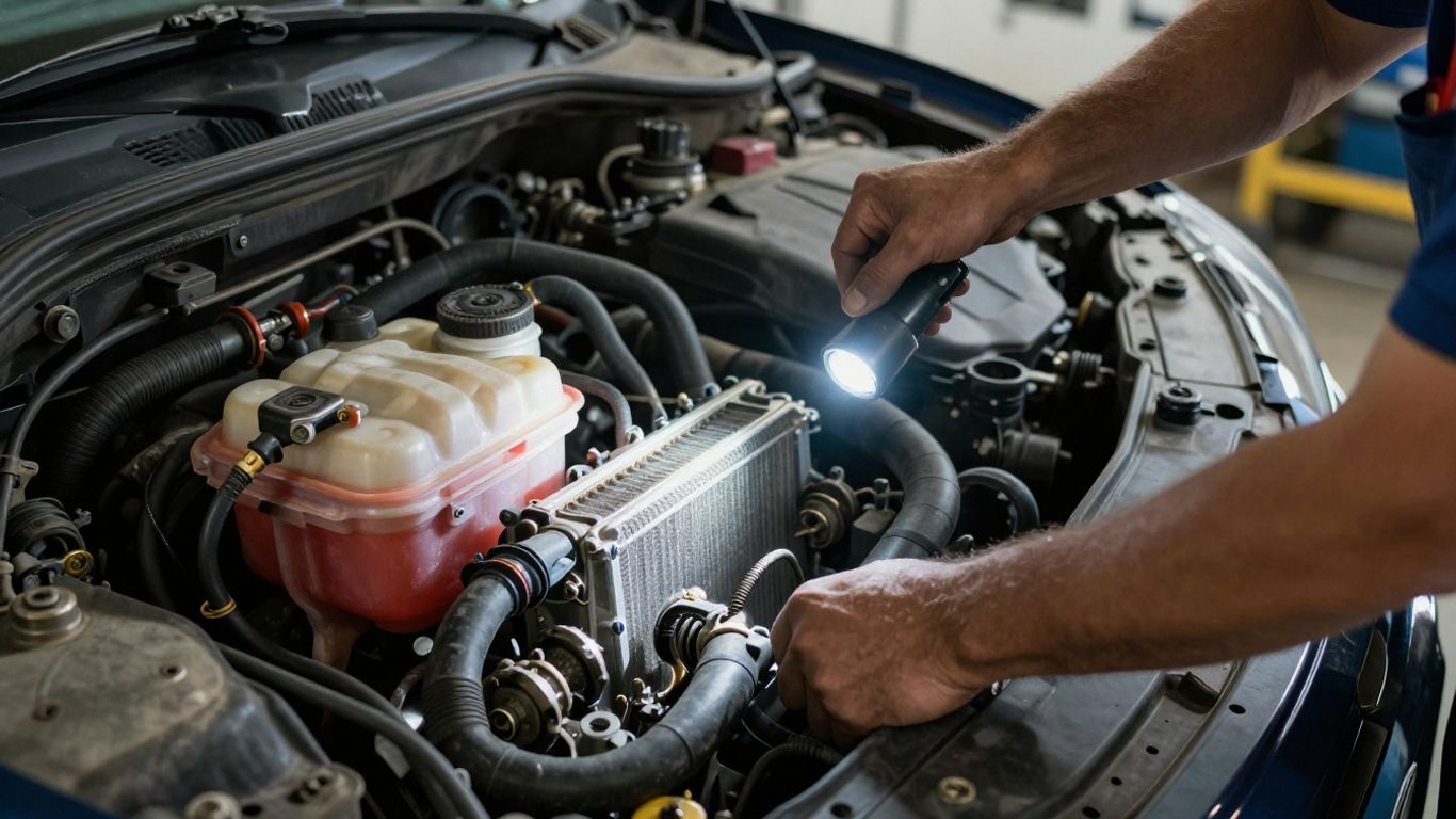 Mechanic inspecting a vehicle cooling system
