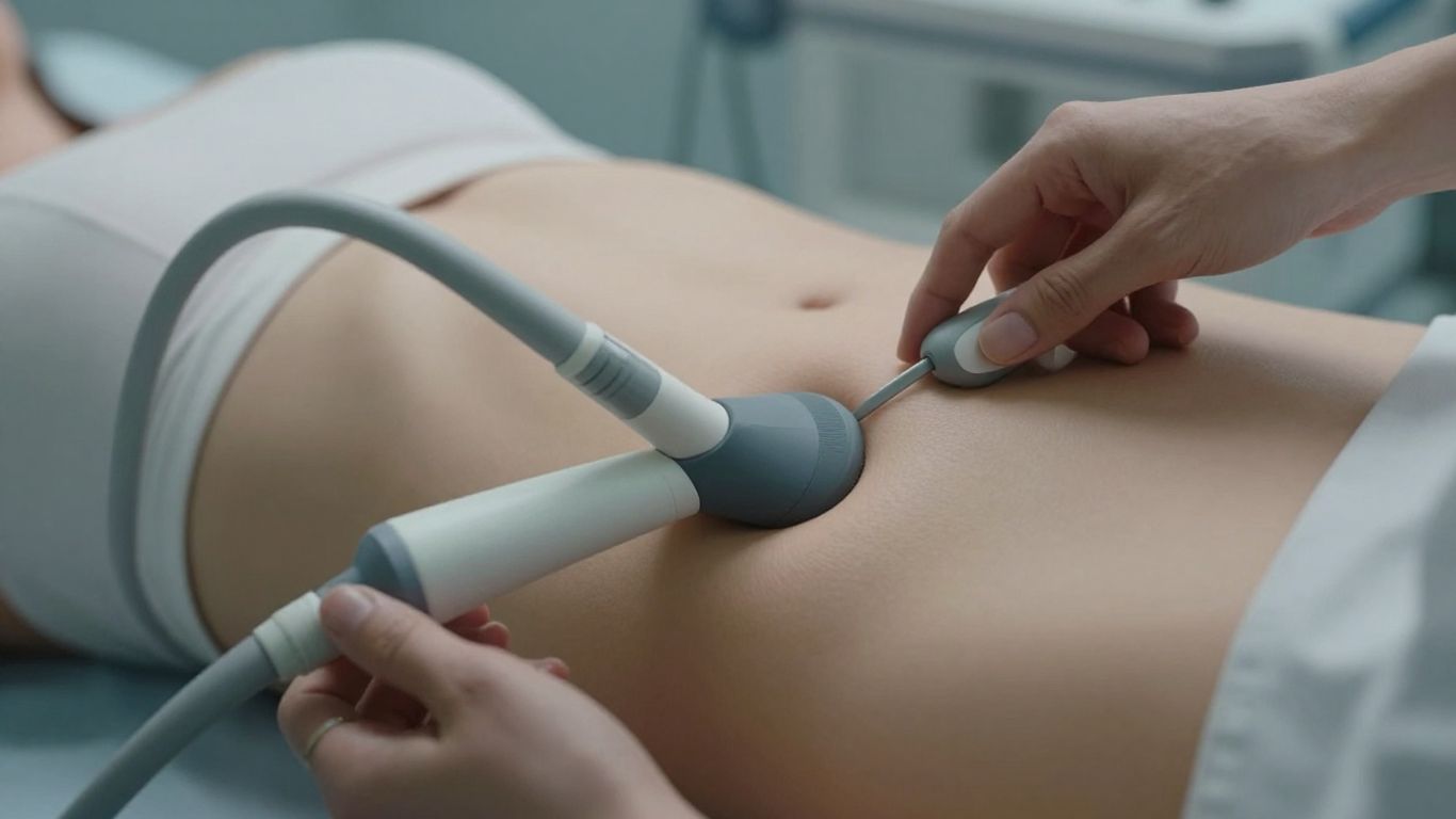 Ultrasound probe over pelvic area for prostate measurement.