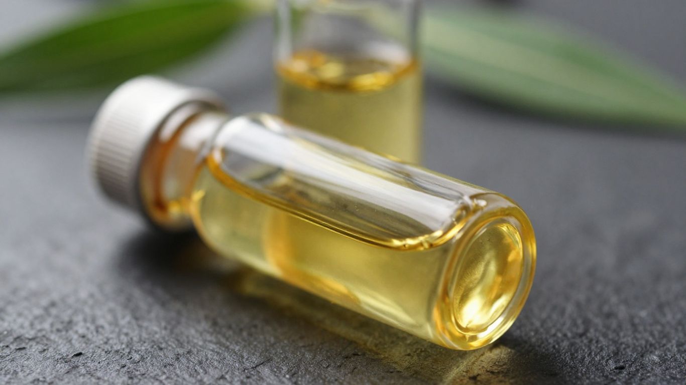 Patchouli oil vial and leaves