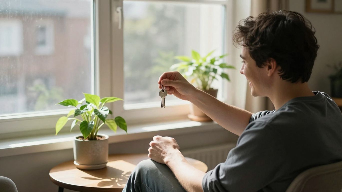 Persona feliz con llaves frente a un apartamento acogedor.